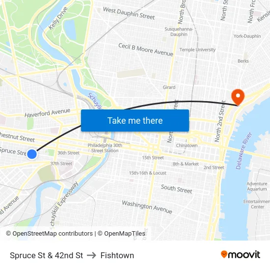 Spruce St & 42nd St to Fishtown map