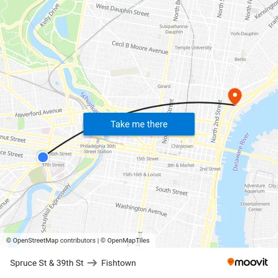 Spruce St & 39th St to Fishtown map