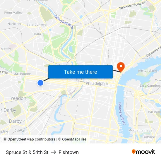 Spruce St & 54th St to Fishtown map