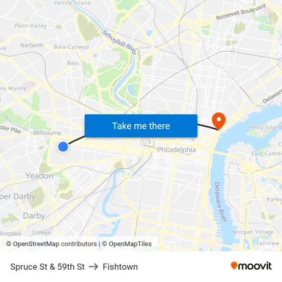 Spruce St & 59th St to Fishtown map