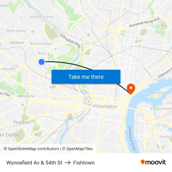 Wynnefield Av & 54th St to Fishtown map