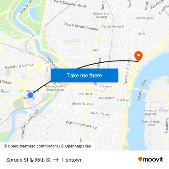 Spruce St & 36th St to Fishtown map