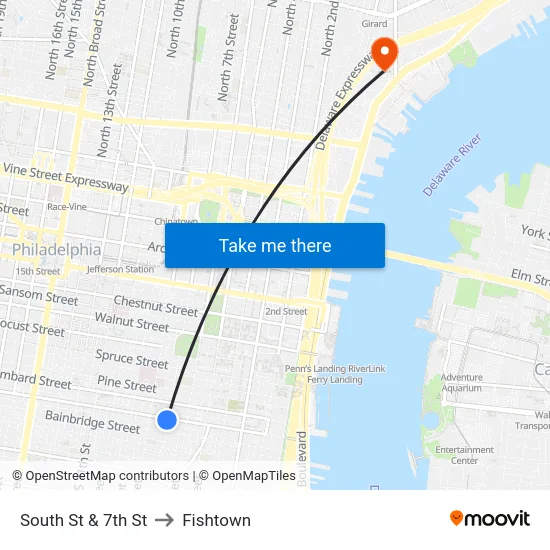 South St & 7th St to Fishtown map