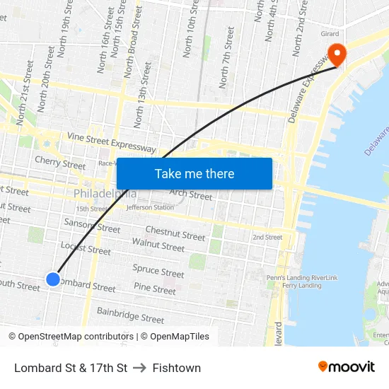 Lombard St & 17th St to Fishtown map