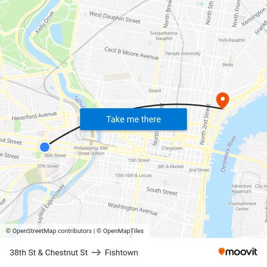 38th St & Chestnut St to Fishtown map