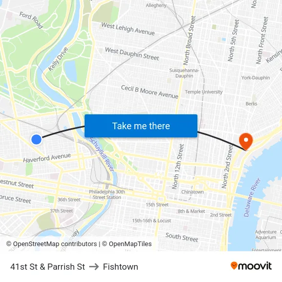 41st St & Parrish St to Fishtown map