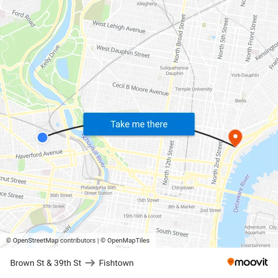 Brown St & 39th St to Fishtown map