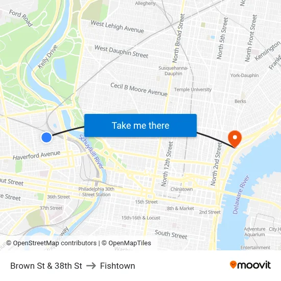 Brown St & 38th St to Fishtown map