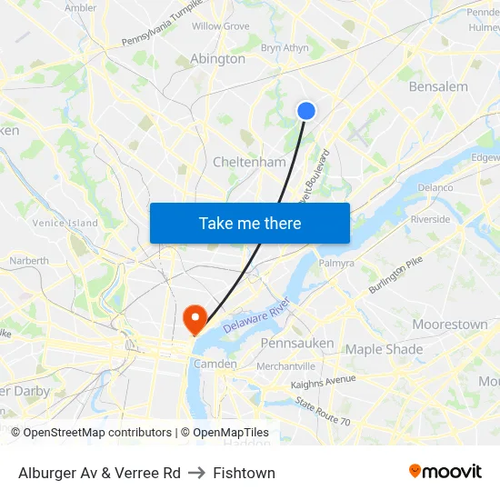 Alburger Av & Verree Rd to Fishtown map