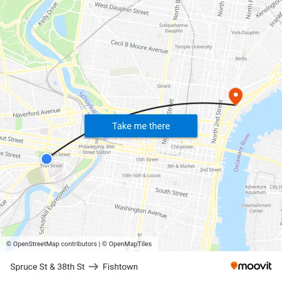Spruce St & 38th St to Fishtown map