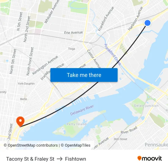 Tacony St & Fraley St to Fishtown map