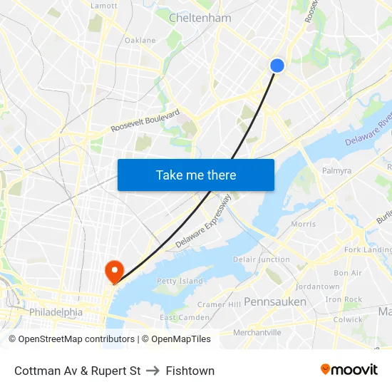 Cottman Av & Rupert St to Fishtown map