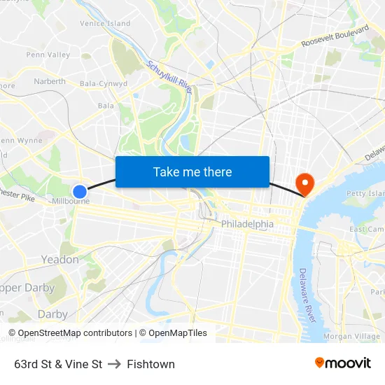 63rd St & Vine St to Fishtown map
