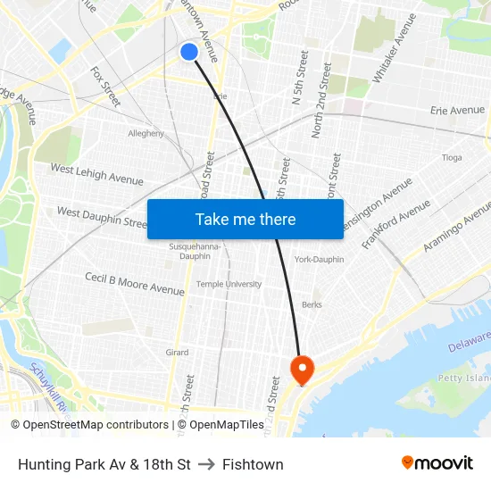 Hunting Park Av & 18th St to Fishtown map