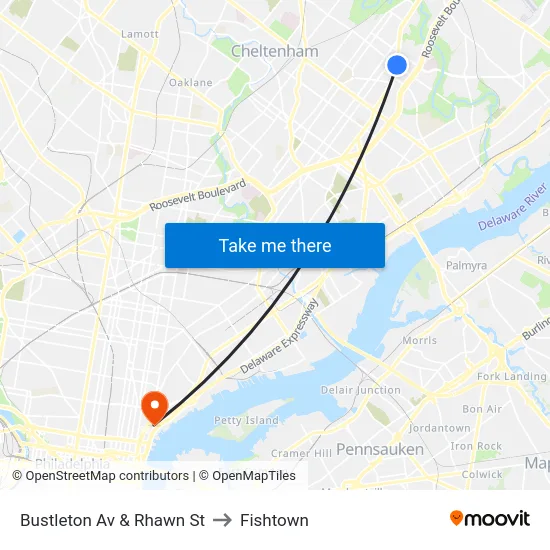 Bustleton Av & Rhawn St to Fishtown map