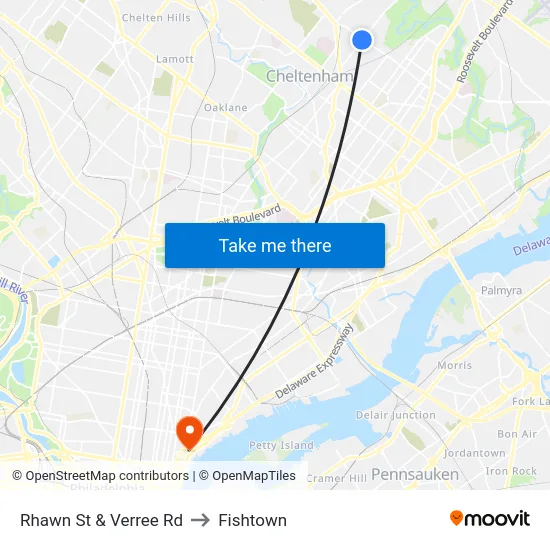 Rhawn St & Verree Rd to Fishtown map