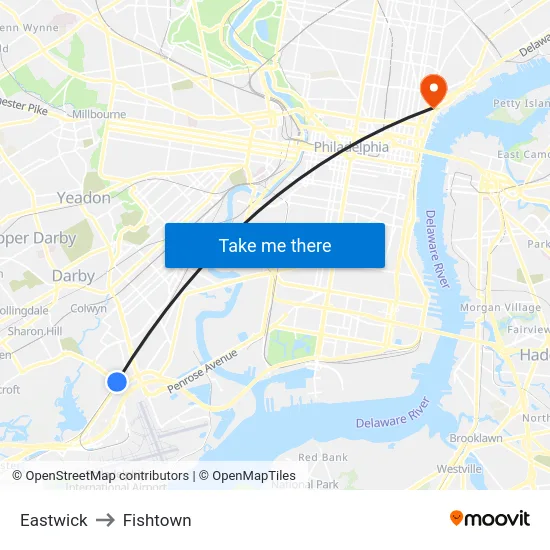Eastwick to Fishtown map