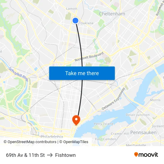 69th Av & 11th St to Fishtown map