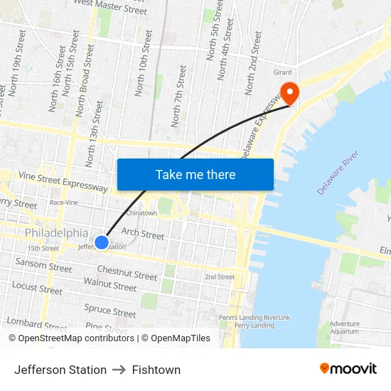 Jefferson Station to Fishtown map