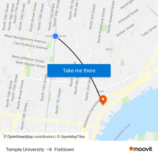 Temple University to Fishtown map