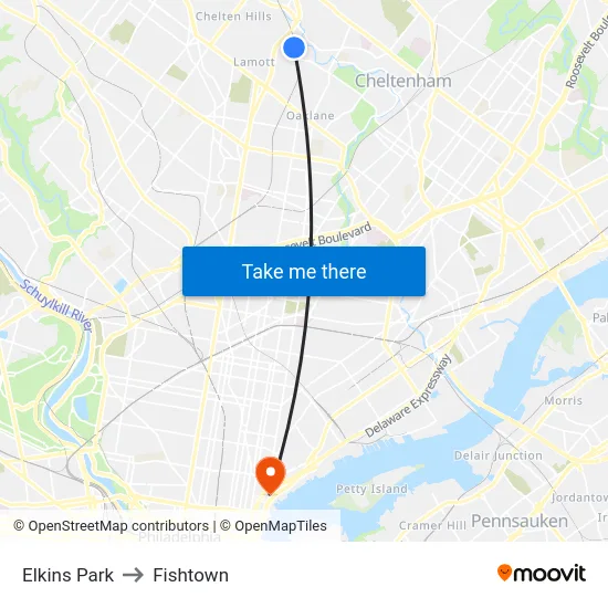 Elkins Park to Fishtown map