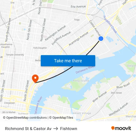Richmond St & Castor Av to Fishtown map