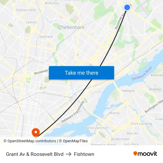 Grant Av & Roosevelt Blvd to Fishtown map