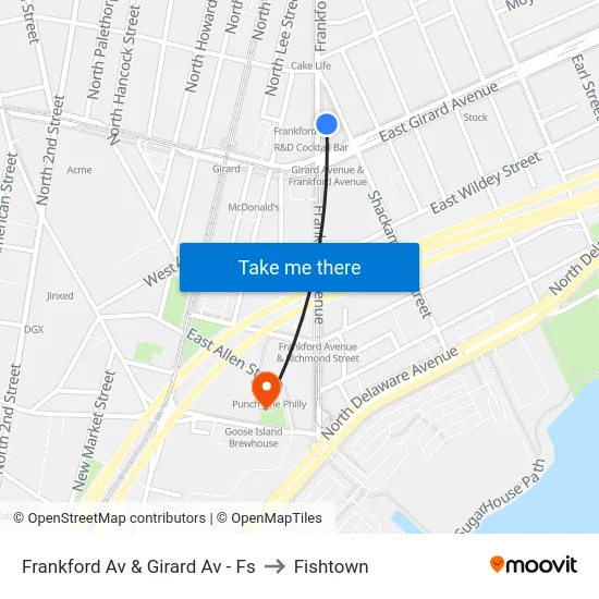 Frankford Av & Girard Av - Fs to Fishtown map