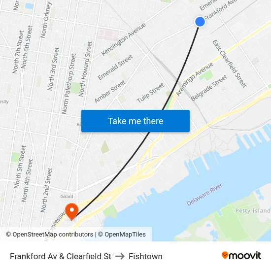 Frankford Av & Clearfield St to Fishtown map