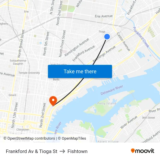 Frankford Av & Tioga St to Fishtown map