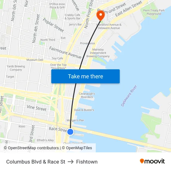 Columbus Blvd & Race St to Fishtown map