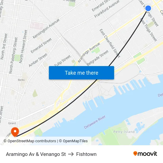 Aramingo Av & Venango St to Fishtown map