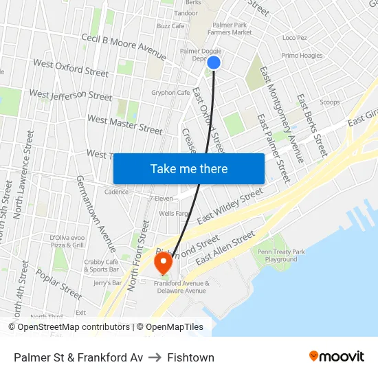 Palmer St & Frankford Av to Fishtown map