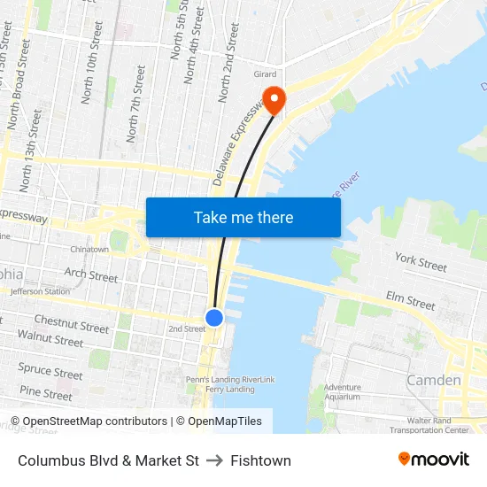 Columbus Blvd & Market St to Fishtown map