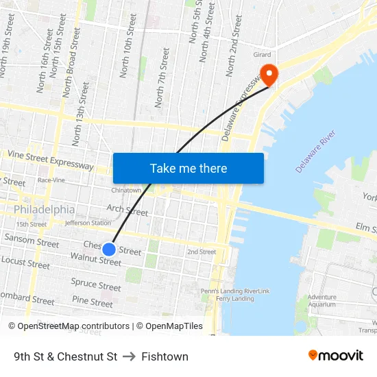 9th St & Chestnut St to Fishtown map