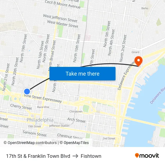 17th St & Franklin Town Blvd to Fishtown map