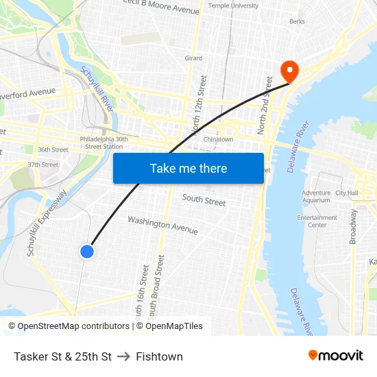 Tasker St & 25th St to Fishtown map