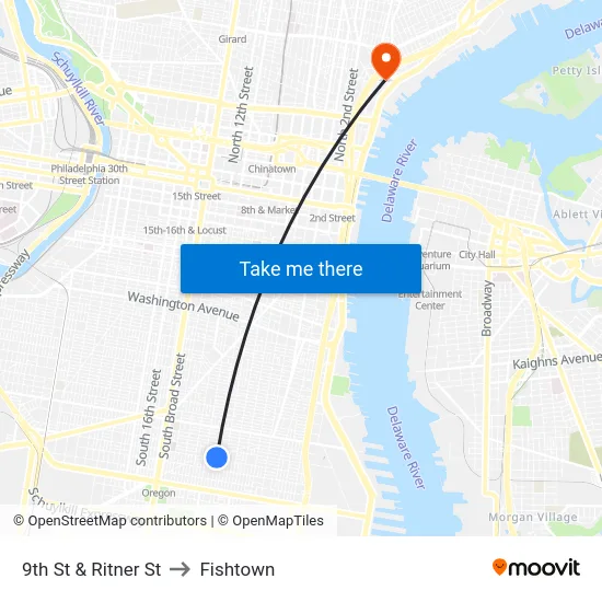 9th St & Ritner St to Fishtown map