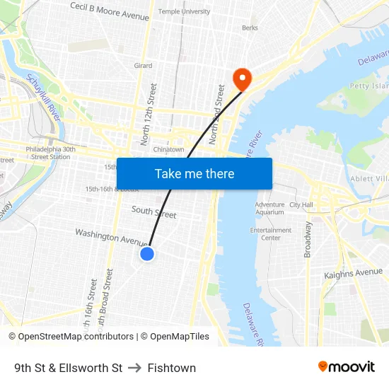 9th St & Ellsworth St to Fishtown map