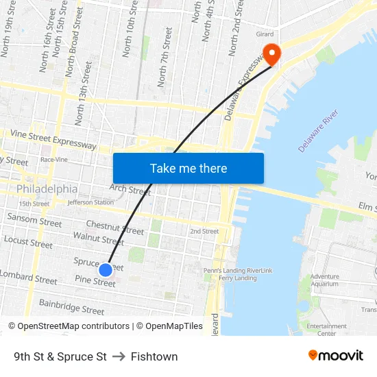 9th St & Spruce St to Fishtown map
