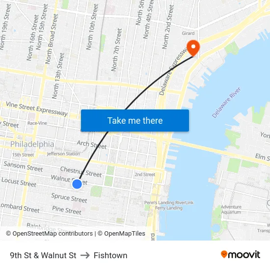 9th St & Walnut St to Fishtown map