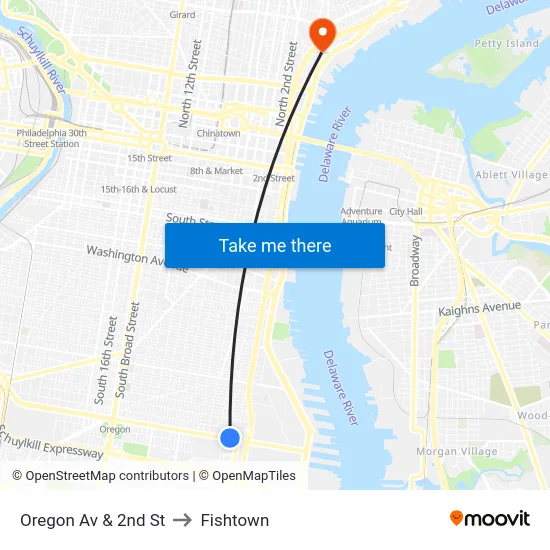 Oregon Av & 2nd St to Fishtown map