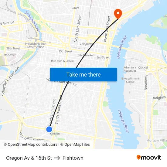 Oregon Av & 16th St to Fishtown map