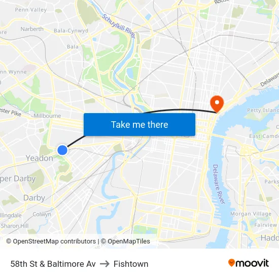 58th St & Baltimore Av to Fishtown map