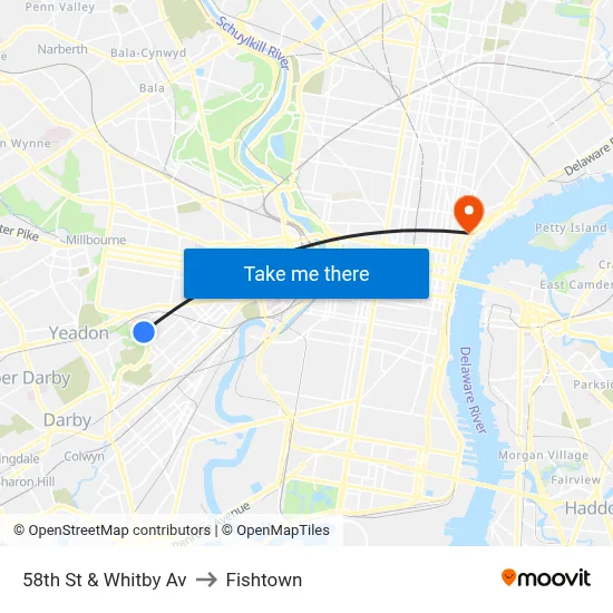 58th St & Whitby Av to Fishtown map