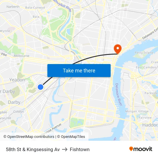 58th St & Kingsessing Av to Fishtown map