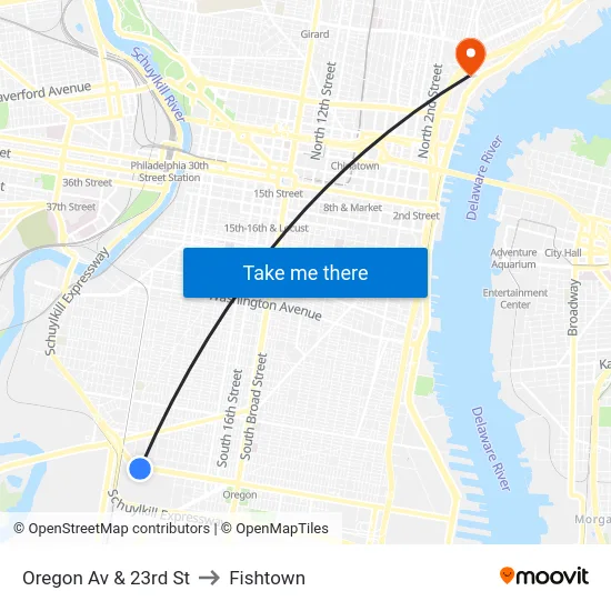 Oregon Av & 23rd St to Fishtown map