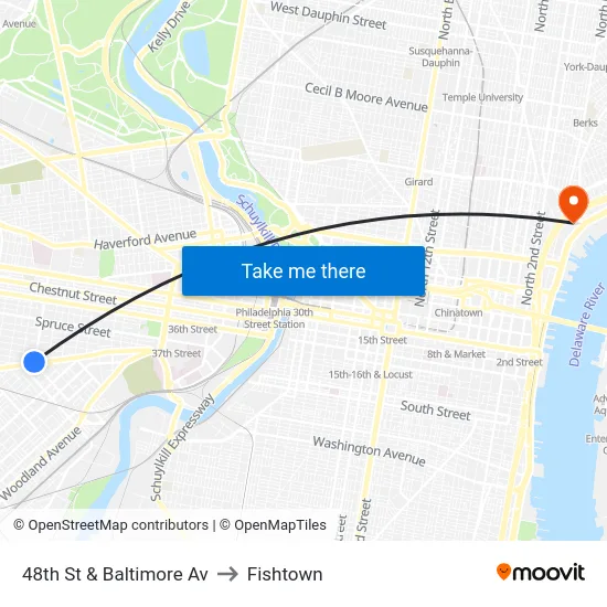 48th St & Baltimore Av to Fishtown map