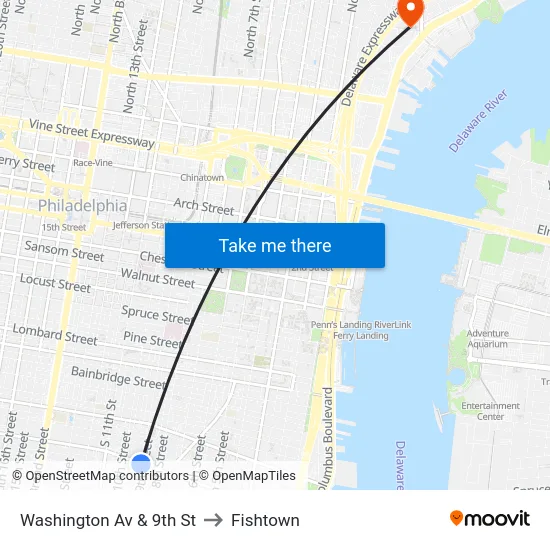 Washington Av & 9th St to Fishtown map