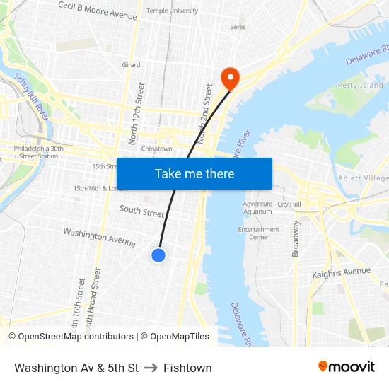 Washington Av & 5th St to Fishtown map